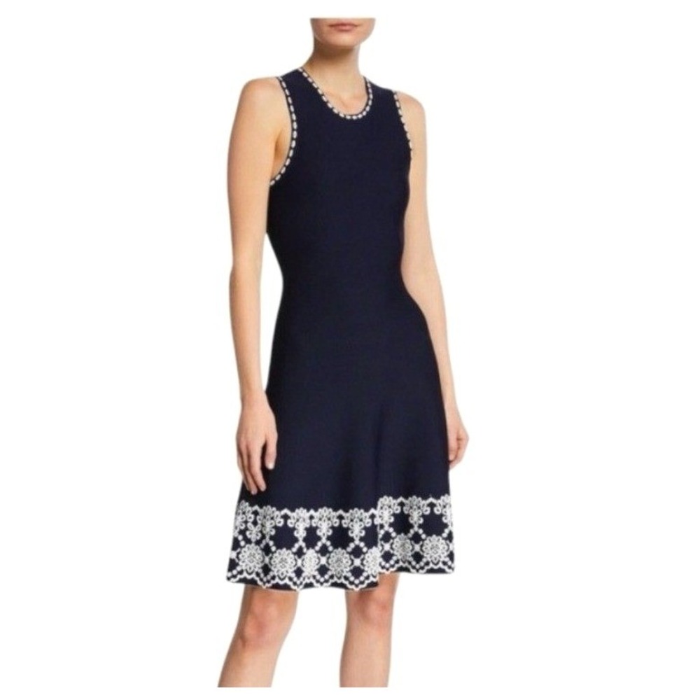 Shoshanna Navy White Caterina Knit Sleeveless Fit Flare Dress Preppy Nautical S